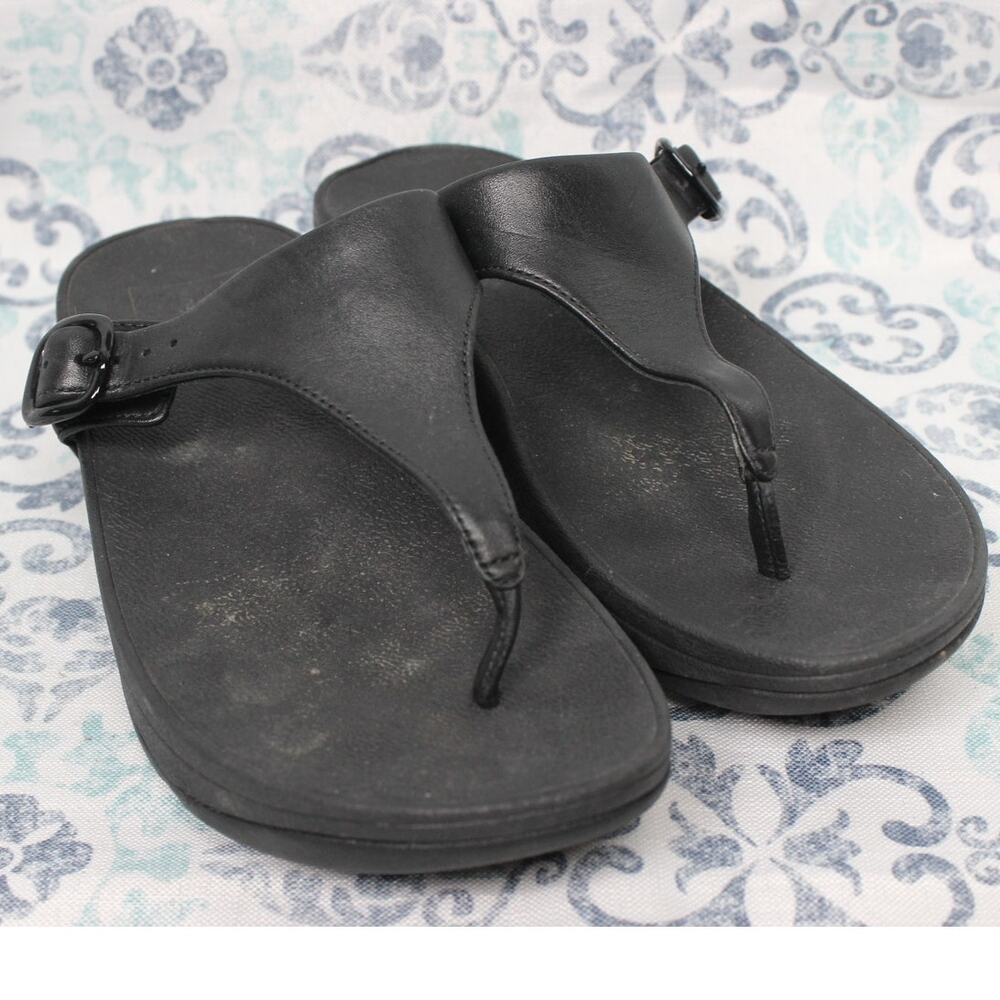 Fitflop The Skinny Women's Size US 6 Black Leather Thong Sandals Shoes B28-090 - Picture 3 of 8